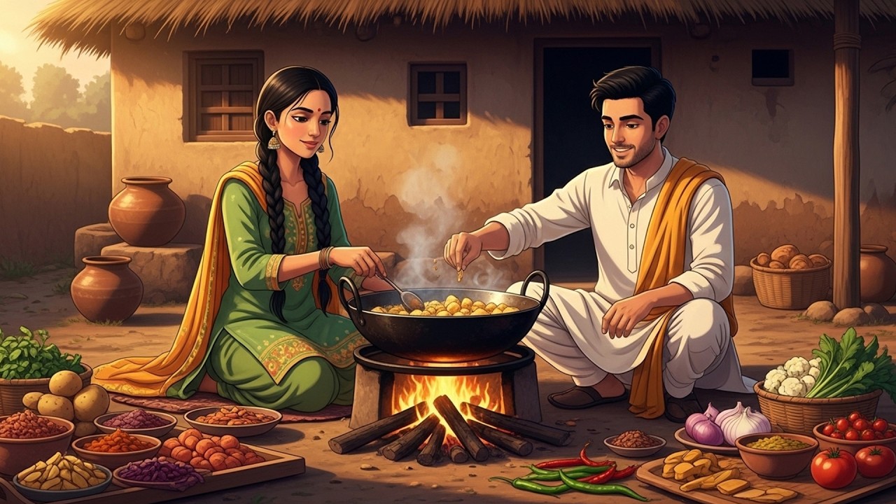 Golden Dawn Over Riverside Village | Cozy Aloo Gobi Cooking | Husband & Wife | Ghibli-Style ASMR