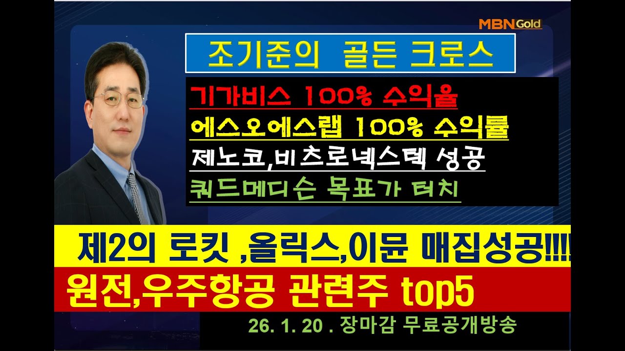 [조기준의 골든크로스]기가비스 100% 수익율/에스오에스랩 100%/ 수익률제노코,비츠로넥스텍 성공/쿼드메디슨 목표가 터치