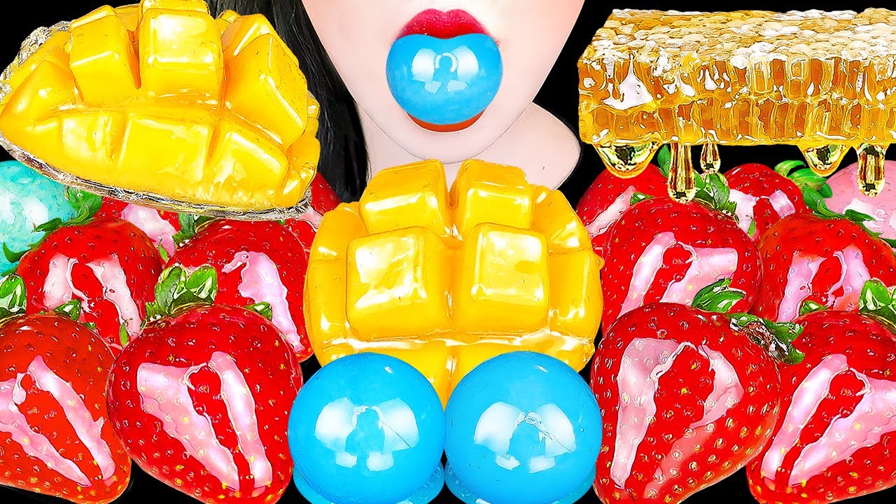 ASMR RAINBOW CANDIED FRUITS (MANGO, STRAWBERRY, HONEYCOMB, GUMMY)TANGHULU RECIPE & EATING MUKBANG 먹방