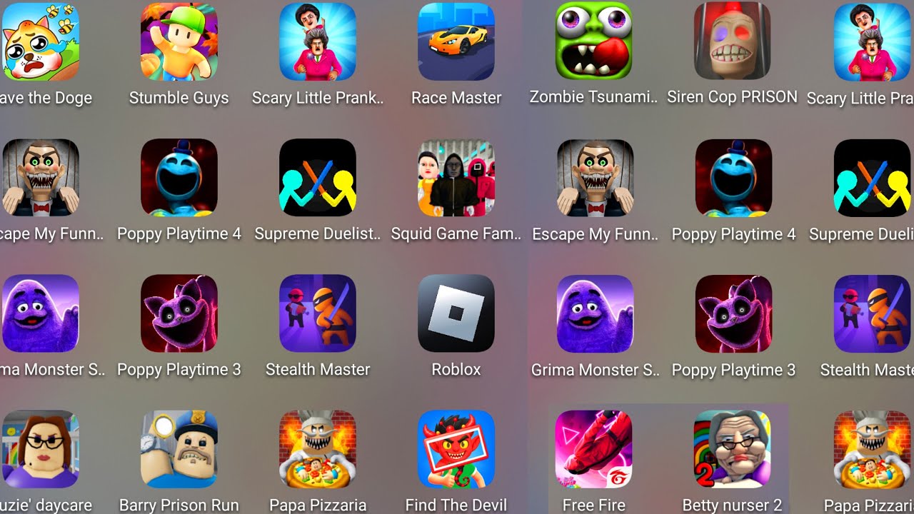 Roblox,Suzie's Daycare Escape,Squid Game Family,Papa Pizza's,Poppy Playtime 4,Betty’s Nursery 2.....