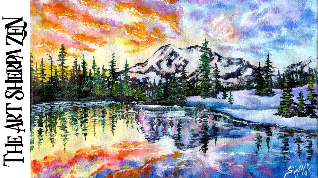Snowy Mountain Sunset Lake Time-lapse Acrylic Painting step by step   | The Art Sherpa