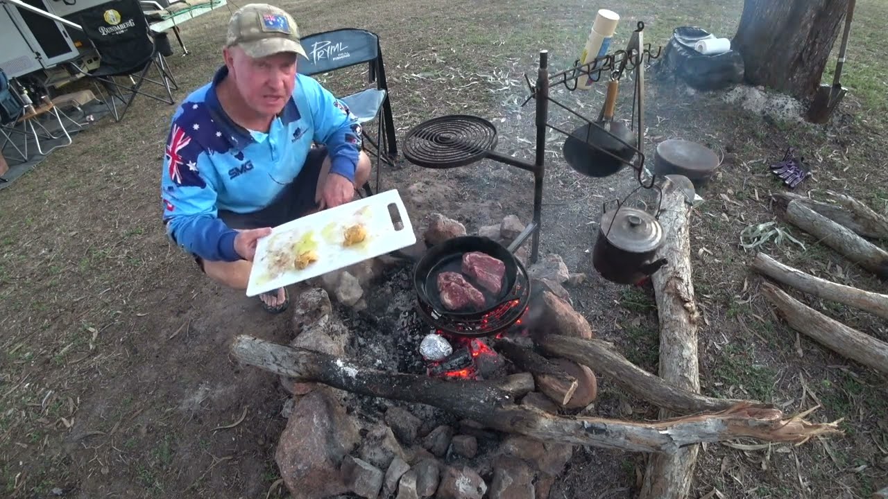 Rib Eyes and Jacket Spuds cooked up with the Aussie Campfire Kitchen