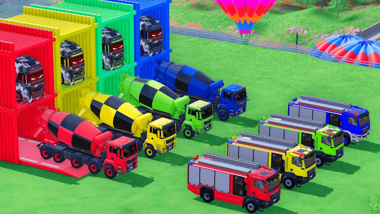 Garage with Colors ALL MIXER TRUCK WITH DOUBLE FLATBED TRAILER TRUCK, VOLVO, IVECO, FIRE TRUCK, FS22