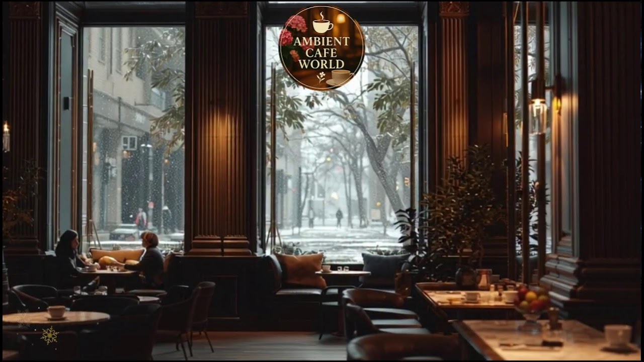 🔴 Soft Winter Jazz Music & Snowfall for Studying ⛄ Outdoor Coffee Shop Ambience with Warm Jazz Music