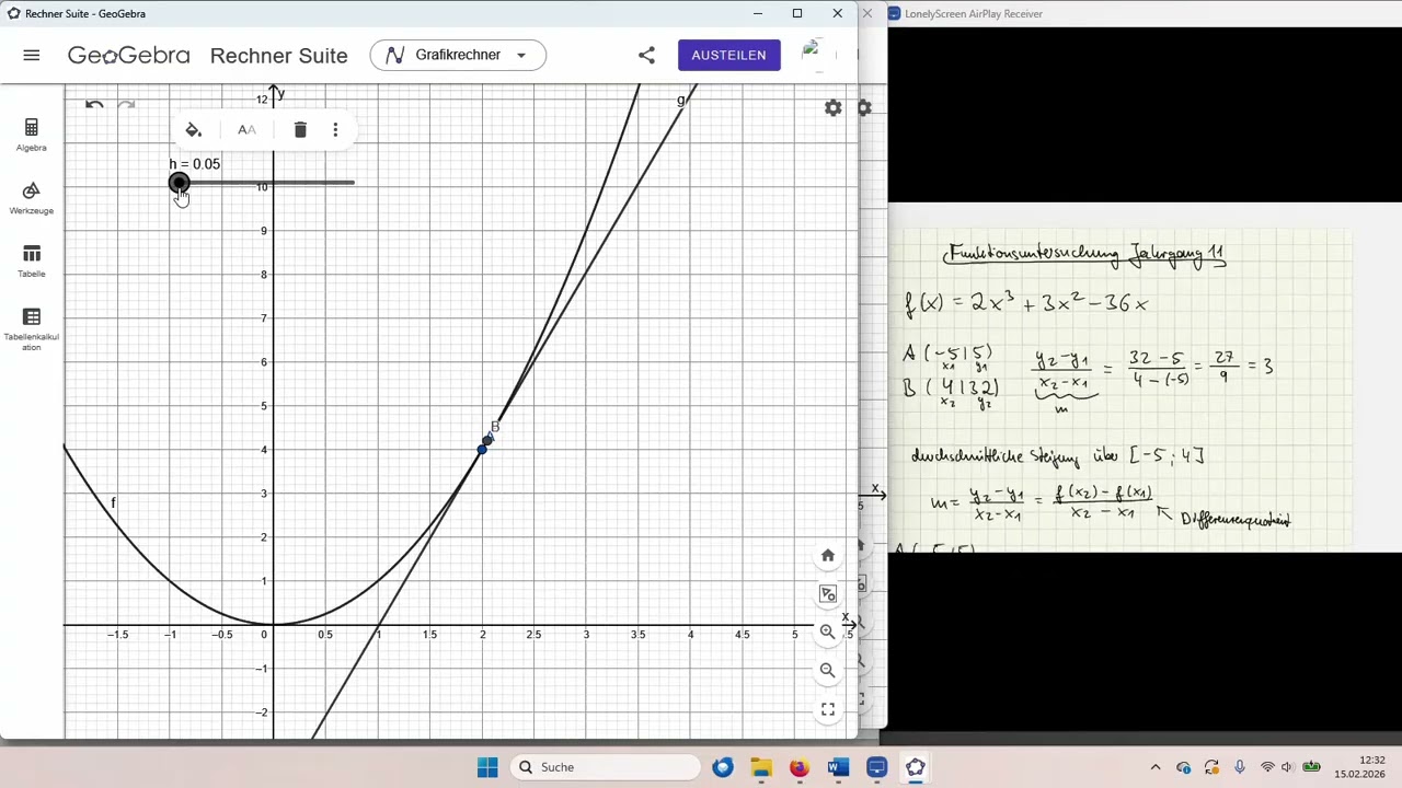 2) Differentialquotent (momentane Steigung) (h-Methode)