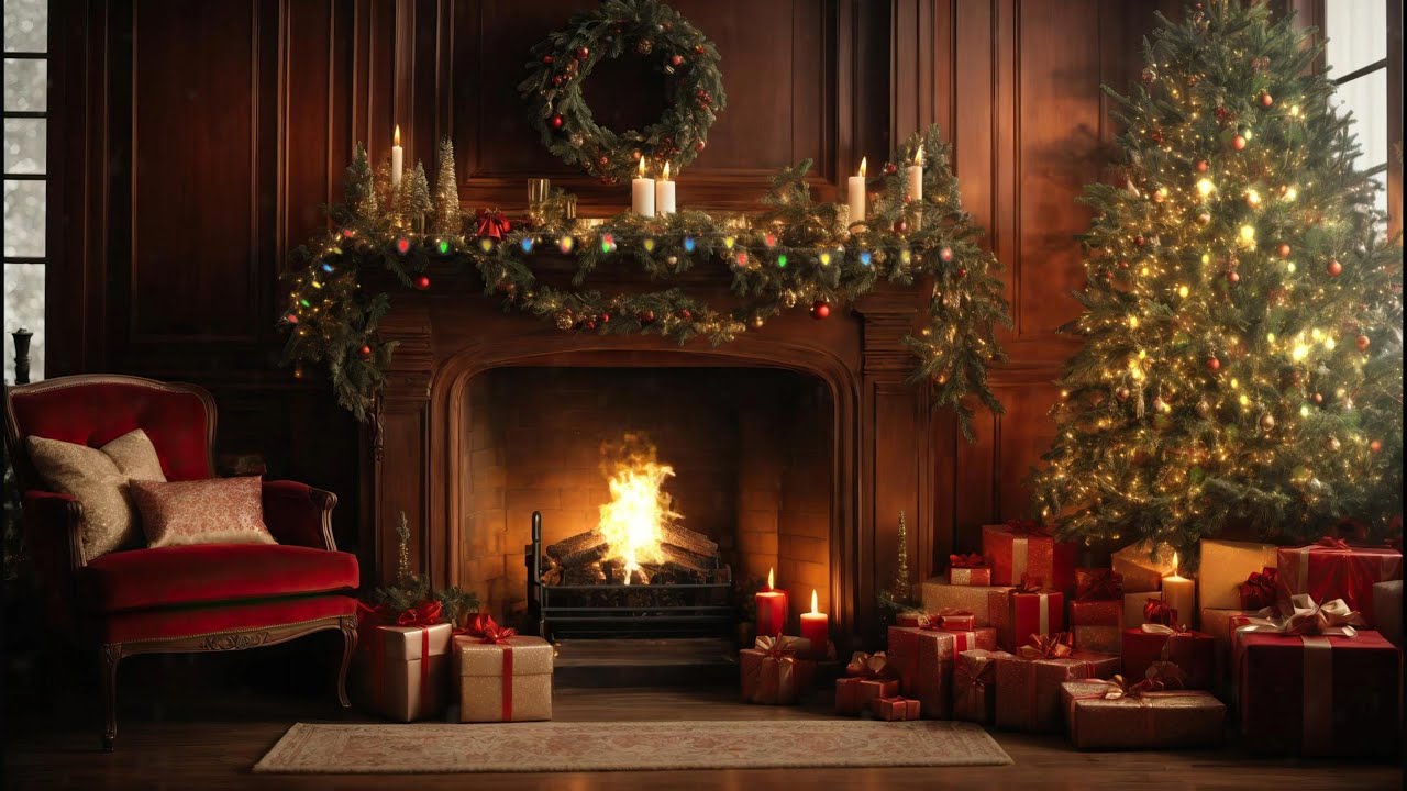 4K Fireplace Ambience with Tree Lights 🎄| Warm & Cozy Holiday Mood with Music | 1 Hour