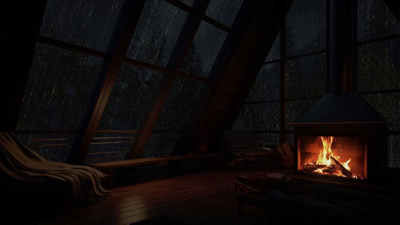 Noite tranquila em sótão aconchegante com lareira e chuva da floresta tropical para relaxar