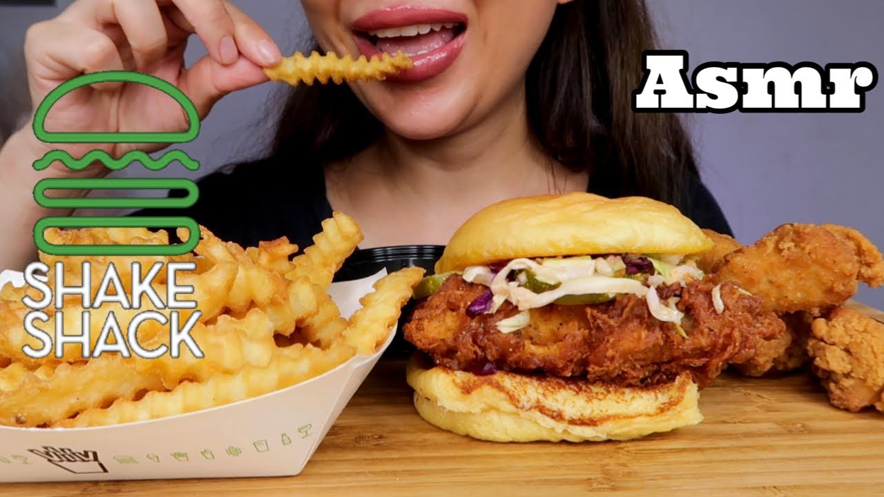 ASMR SHAKE SHACK CHICKEN BURGER, CHEESY FRIES & CHICKEN NUGGETS EATING SOUNDS MUKBANG