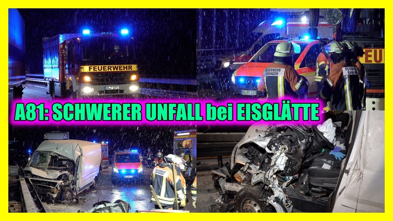 A81: SCHWERER UNFALL BEI EISGLÄTTE AUF BRÜCKE  [🚑🚒 Feuerwehr Ehningen befreit Fahrerin 🚒🚑] - [E]