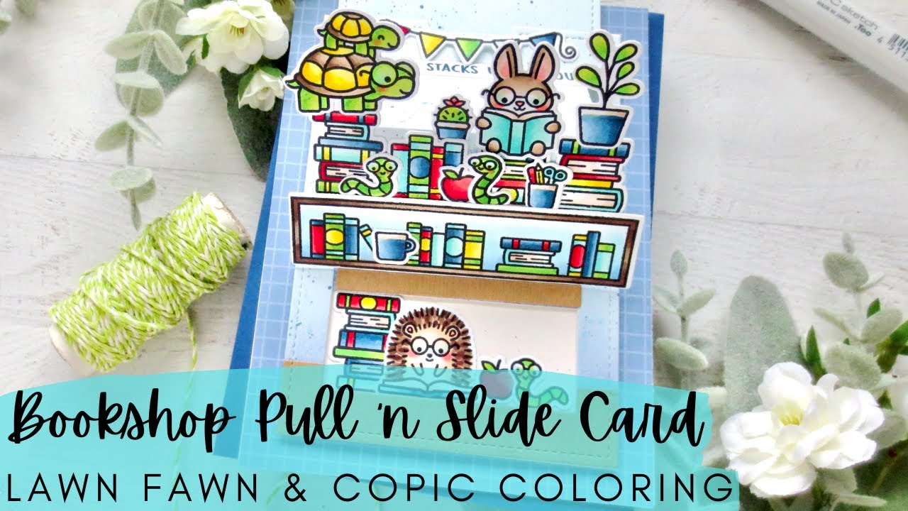 Bookshop Pull 'n Slide Surprise Card | Lawn Fawn NEW RELEASE | Copic Coloring an Interactive Card
