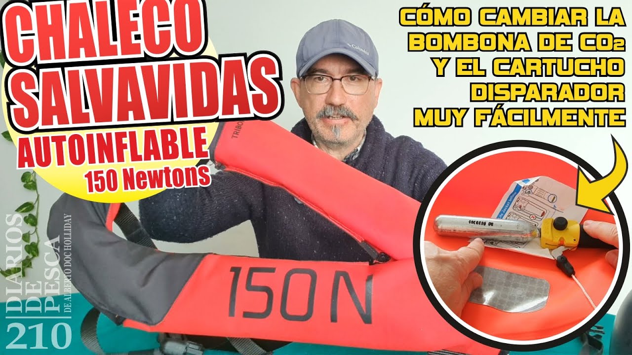 CHALECO SALVAVIDAS AUTOINFLABLE PARA PESCAR. CAMBIAR BOMBONA DE CO2 Y CARTUCHO DISPARADOR /DECATHLON