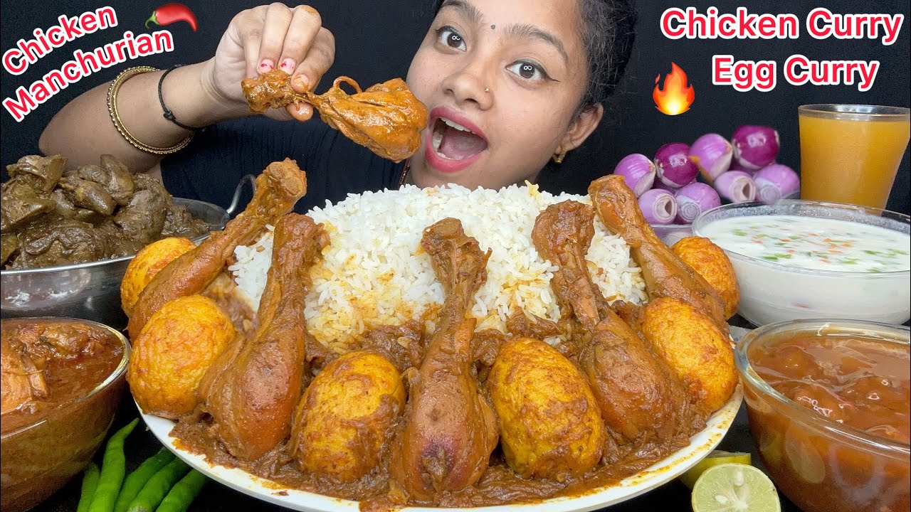 ASMR: CHICKEN CURRY, EGG CURRY, CHICKEN LIVER CURRY, WITH BASMATI RICE+ CHICKEN MANCHURIAN 🥵 FOOD