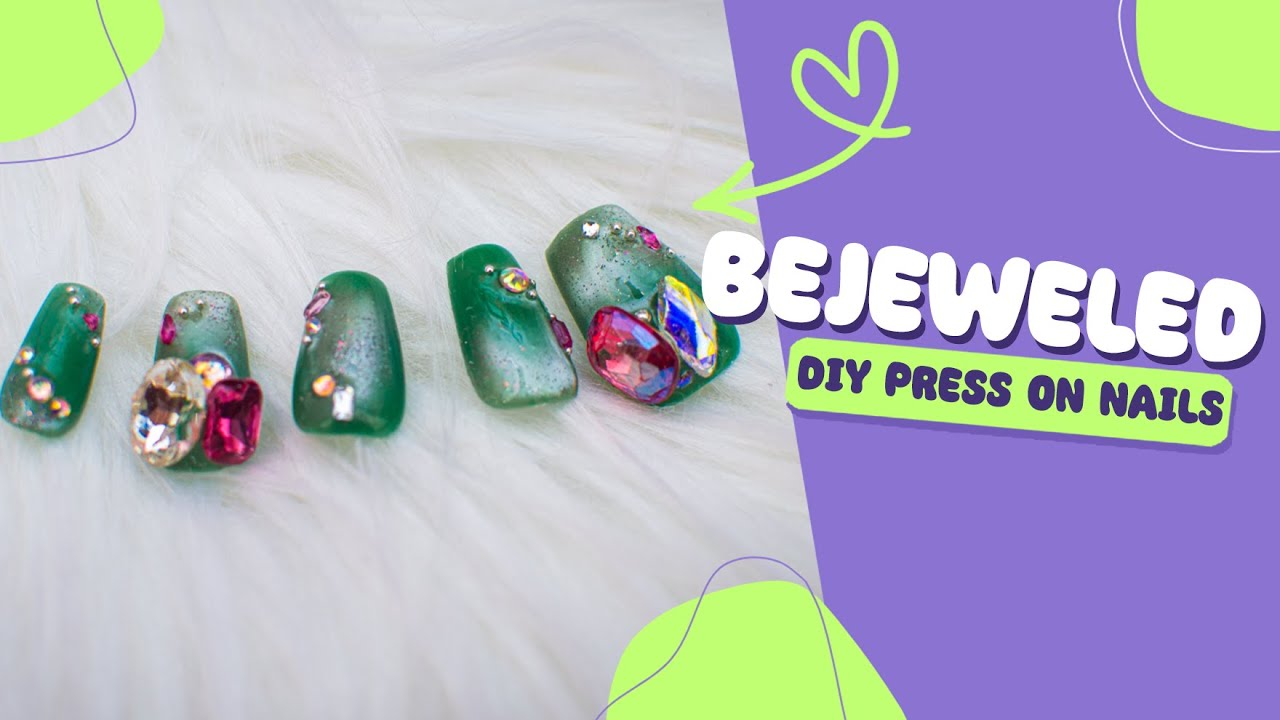 💎 Easy Bejewelled Jade Press on Nails 💅🏽