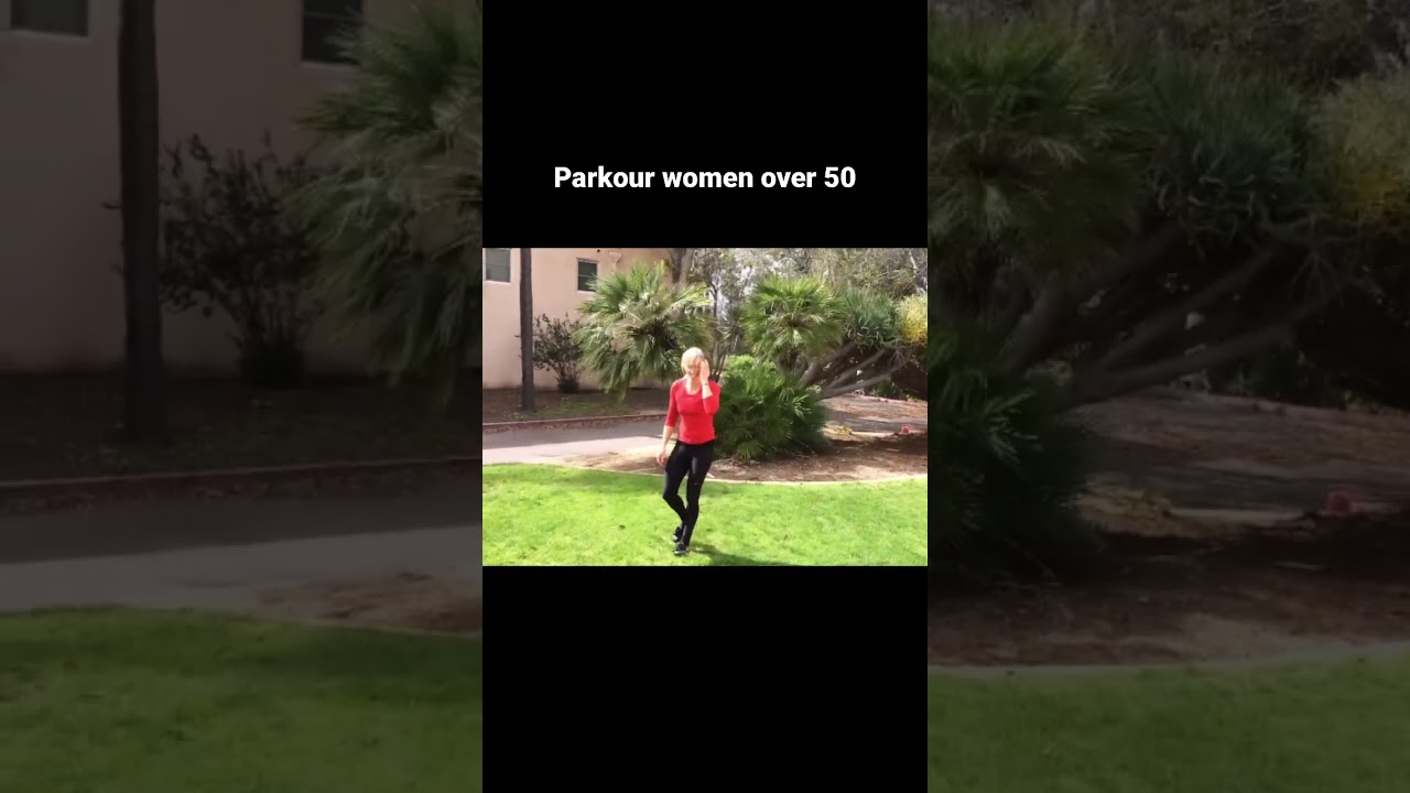 Parkour women over 50 running up walls. Parkour & Play, Movement Snacks, Strong Resting Age Positive