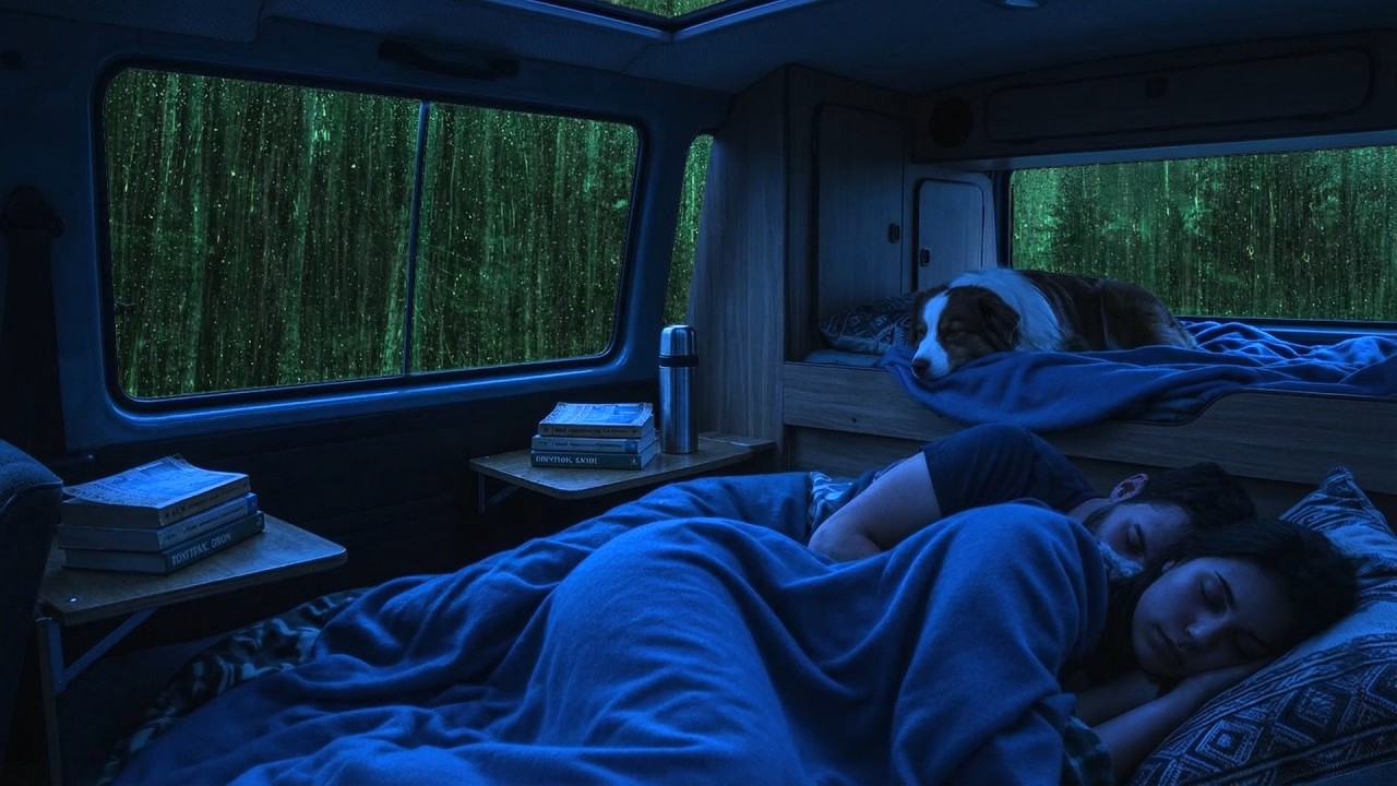 Rainy Night in a Cozy Camper Van | Deep Sleep Sounds with a Sleeping Cat