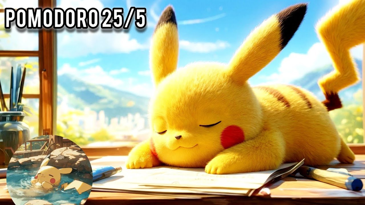 Study with Pikachu ⚡ Pomodoro 25/5 Timer [3 hours] (Piano)