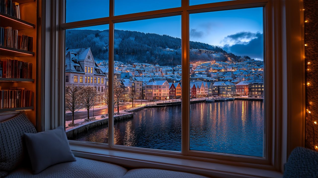 Window View Of Bergen, Norway Snowfall❄️Cozy Winter Ambience For Reading, Sleeping, Projectors, Etc.