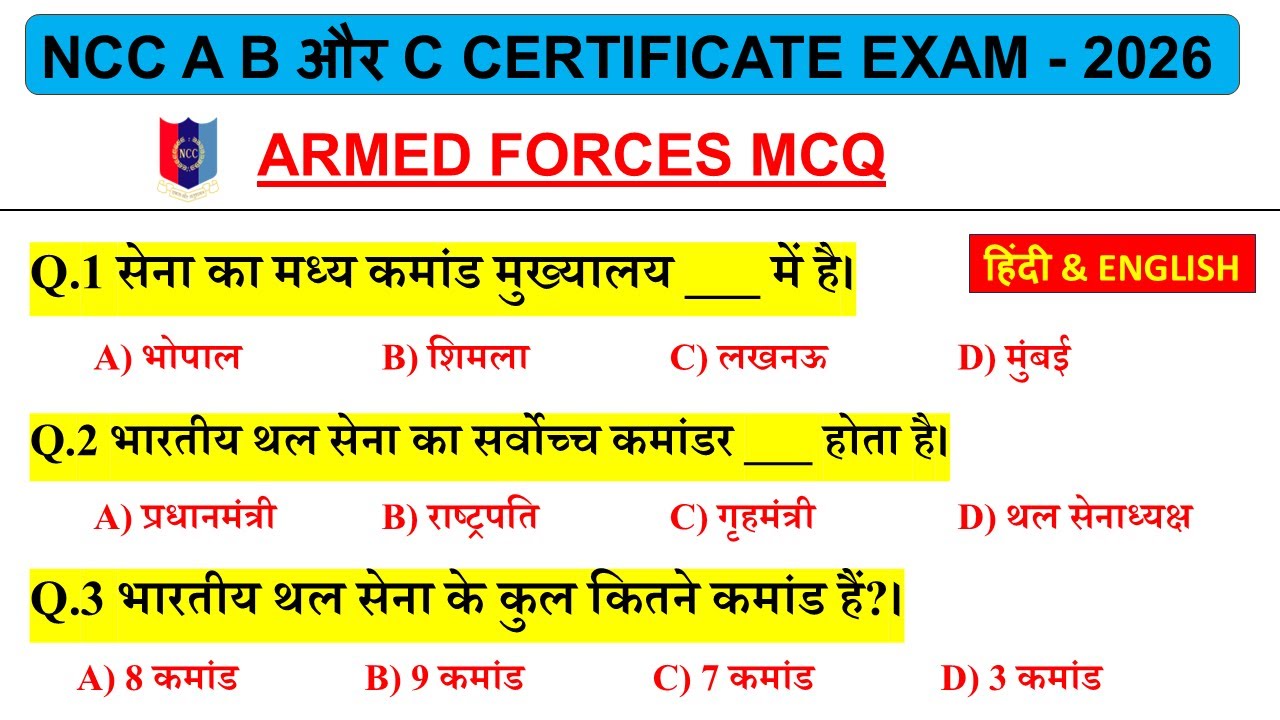 NCC Armed Forces MCQ | A, B & C Certificate Exam 2026 | Part-1 (Hindi & English)
