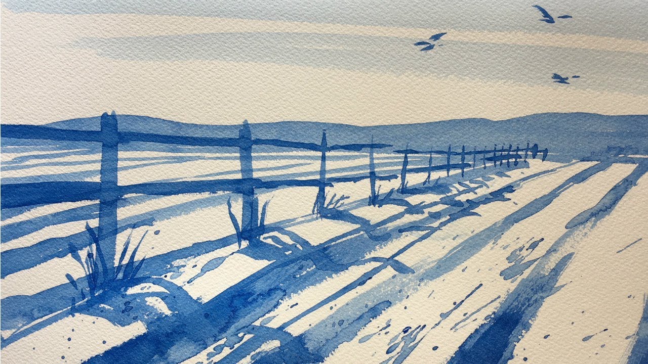Beginners watercolor lesson - painting a countryside field.