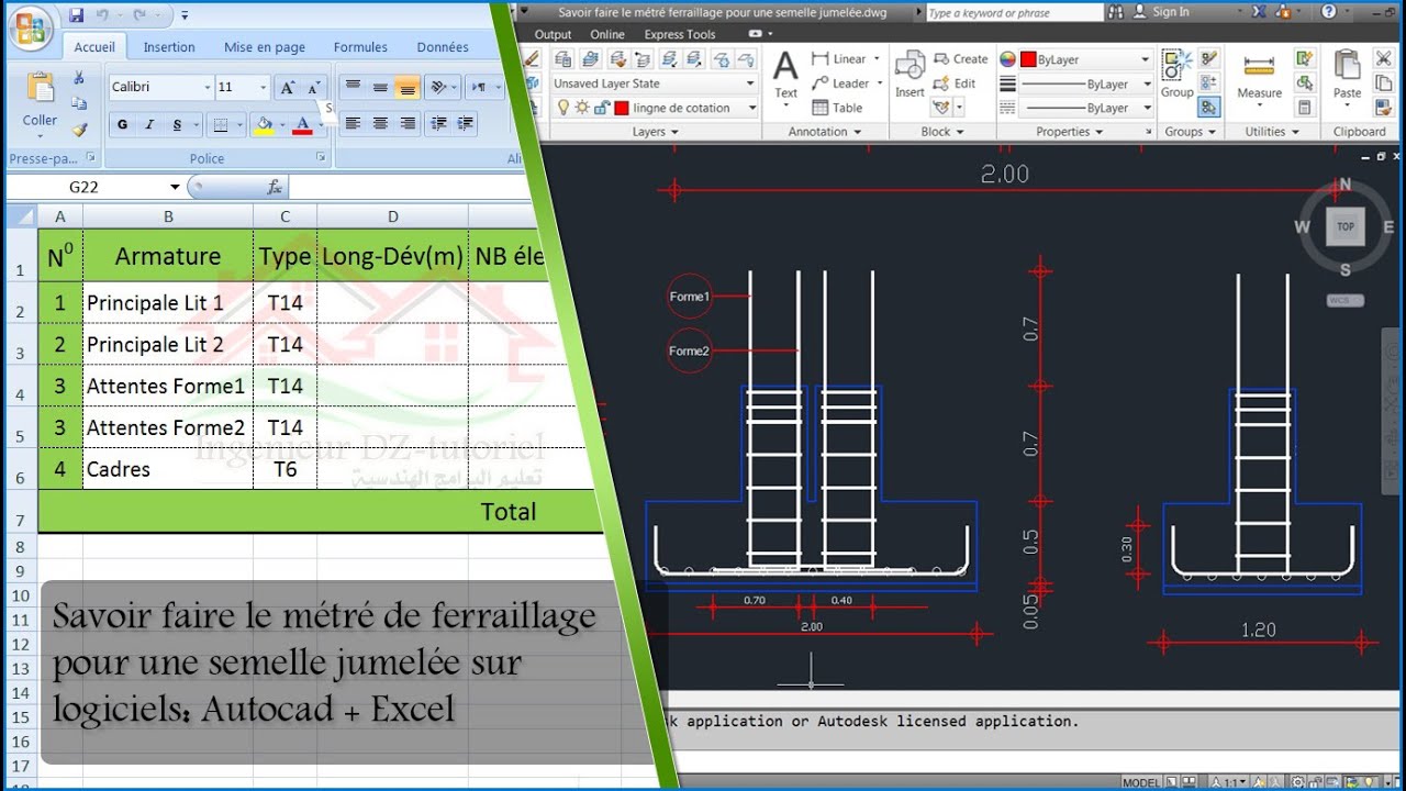 Savoir faire le métré de ferraillage pour une semelle jumelée sur Autocad + Excel