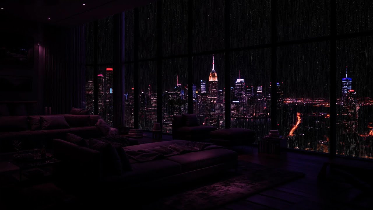 Rainy Night in a Luxury NYC Apartment (No Ads) 🌧️🔥City Lights & Rain Ambience for Deep Sleep