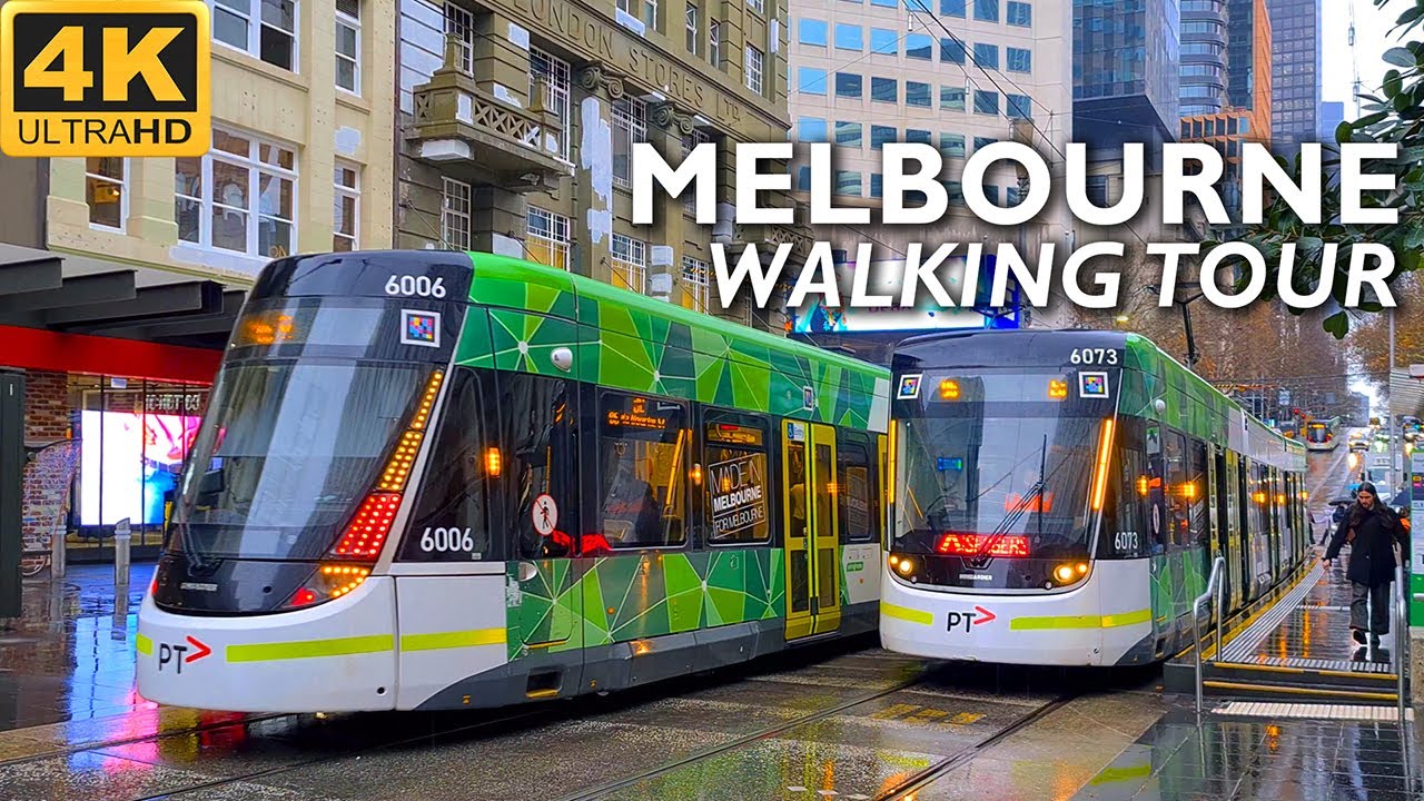 Melbourne City Walking Tour in the Rain - From Bourke Street Mall to Wills Street | 4K Video