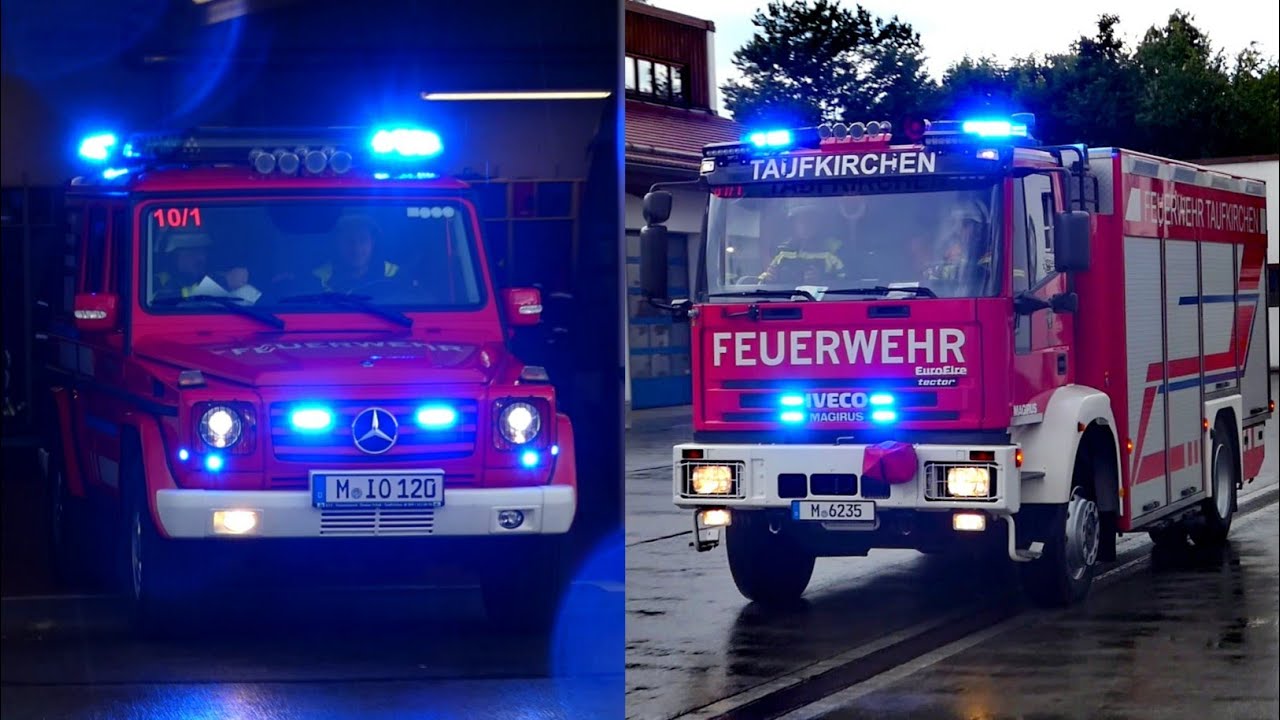 Feuerwehr Taufkirchen rückt mit KdoW, HLF, LF, KLAF mit VSA, RW, MZF und WLF-K AB-SW zum VU PKW aus