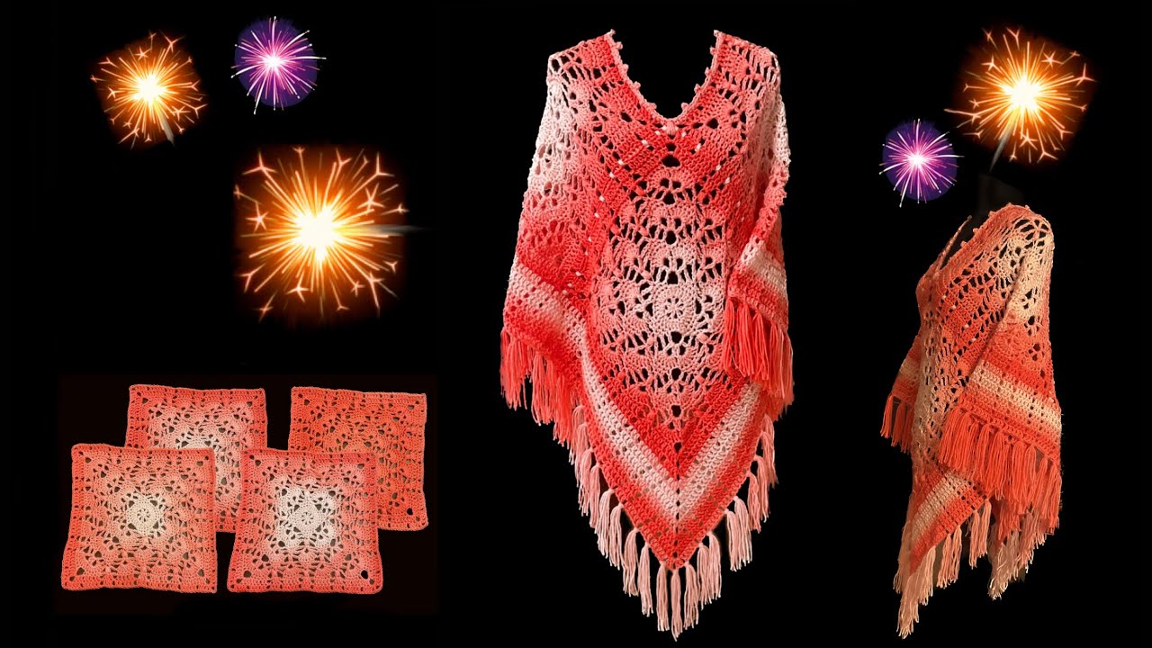 Stunning Classic Poncho, crochet 4 squares 🎇 Part 1