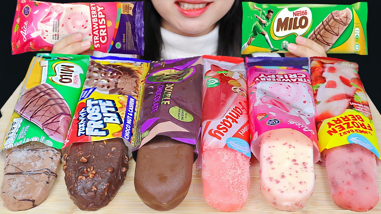 ASMR CHOCOLATE AND PINK ICE CREAM 🤎💗 MILO, CAMPINA FROZENBERRY, MAGNUM DOUBLE CHOCO, AICE STRAWBERRY