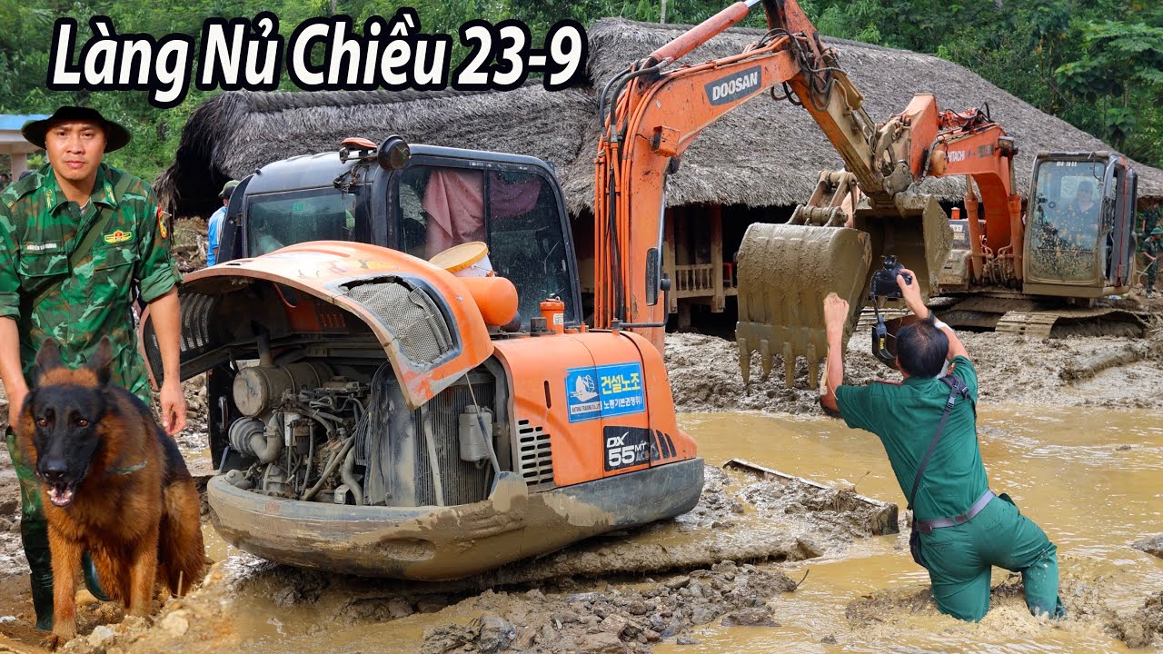 Làng Nủ chiều 23-9| Máy xúc cứu nạn chìm nghỉm| Những tay lái cừ khôi cứu máy