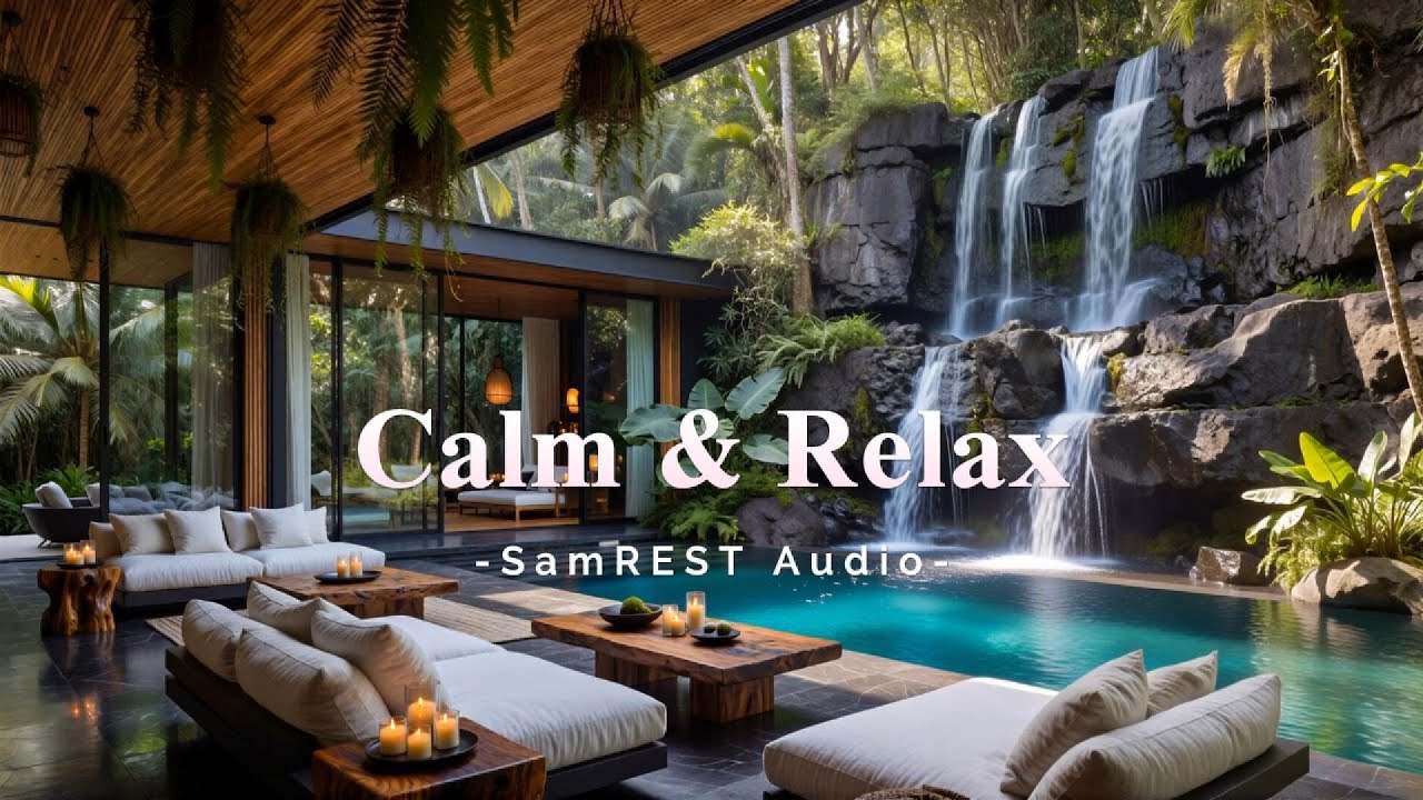 Calm and Relaxing Jazz 🎷| Luxury Jungle Retreat Waterfall Ambience 🌿| Samrest Audio Lounge