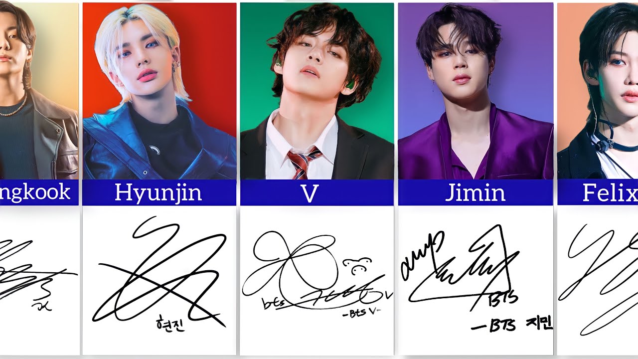 Подписи разных участников K-Pop: BTS, Stray Kids и TXT