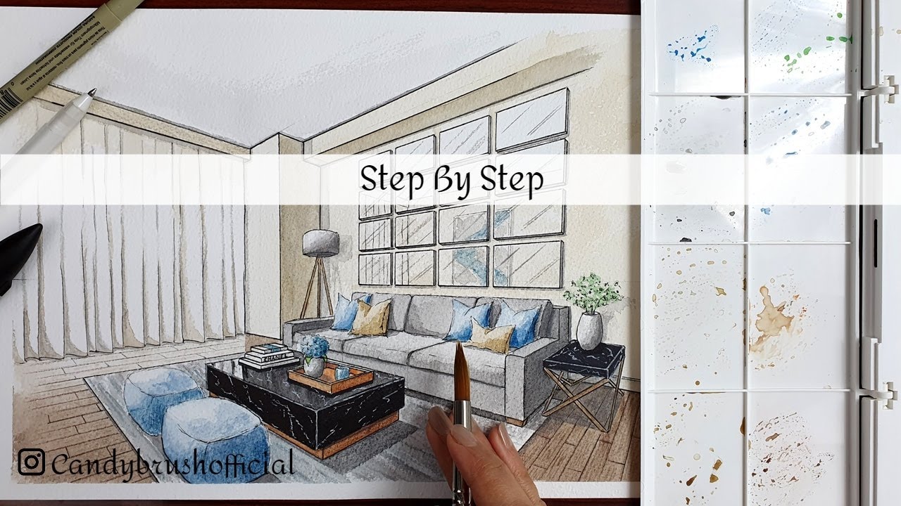 How to Draw A Living Room in Two Point Perspective| Hand Rendering Interior | Step By Step