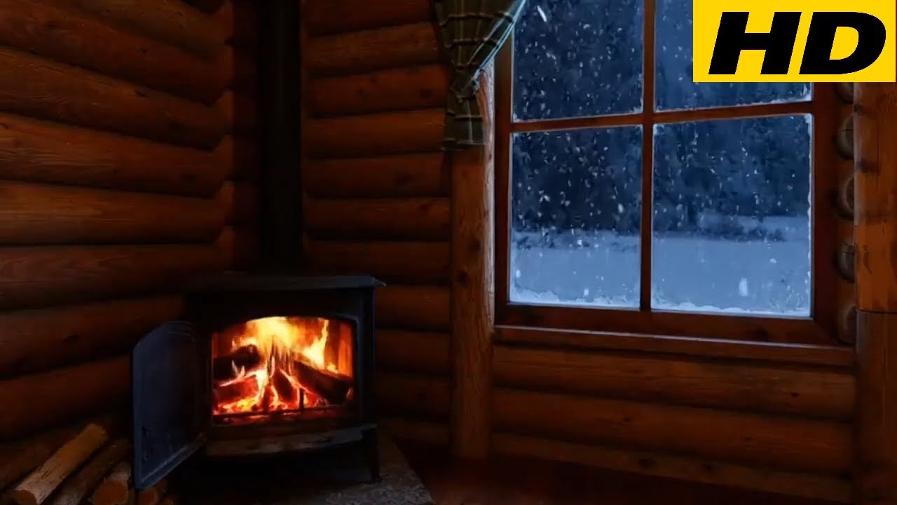 3 Hours Winter Cabin Ambience | Fireplace Crackling, Wind & Snow Outside