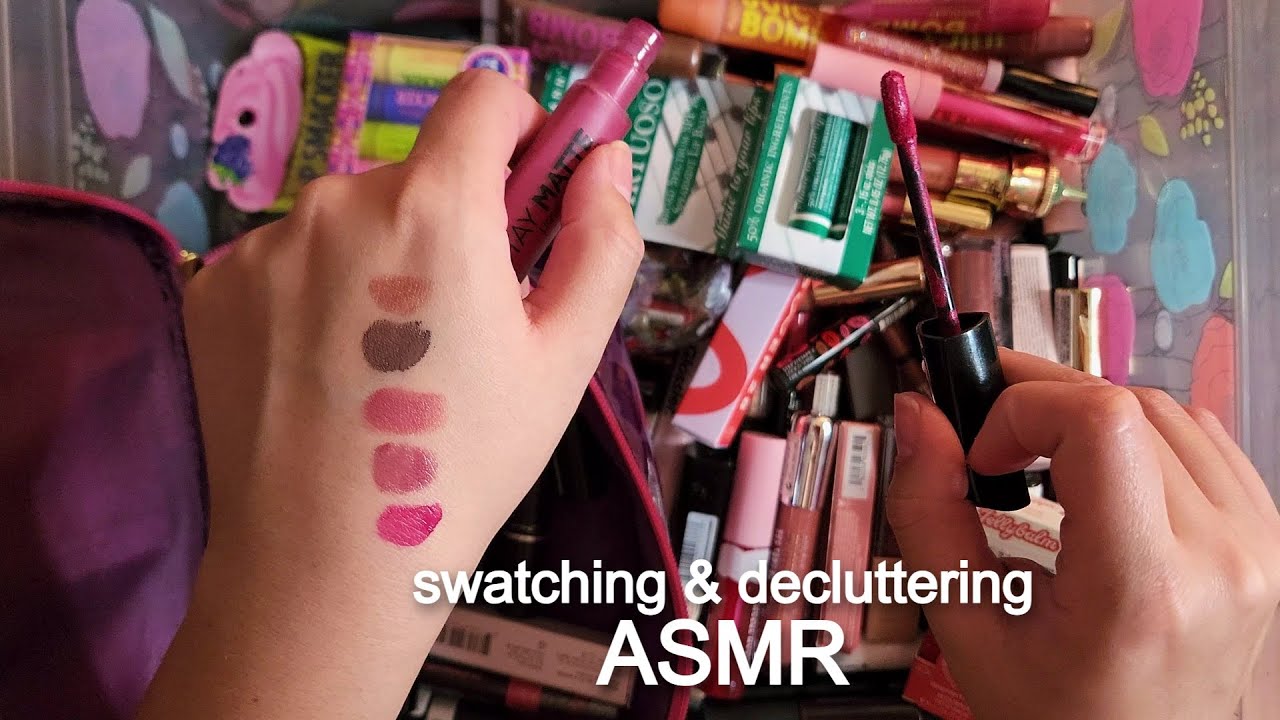 ASMR Makeup Decluttering Pt. 2  ~ Lip Products ~ Rambling ~ swatches ~ lip gloss / lid / cap sounds