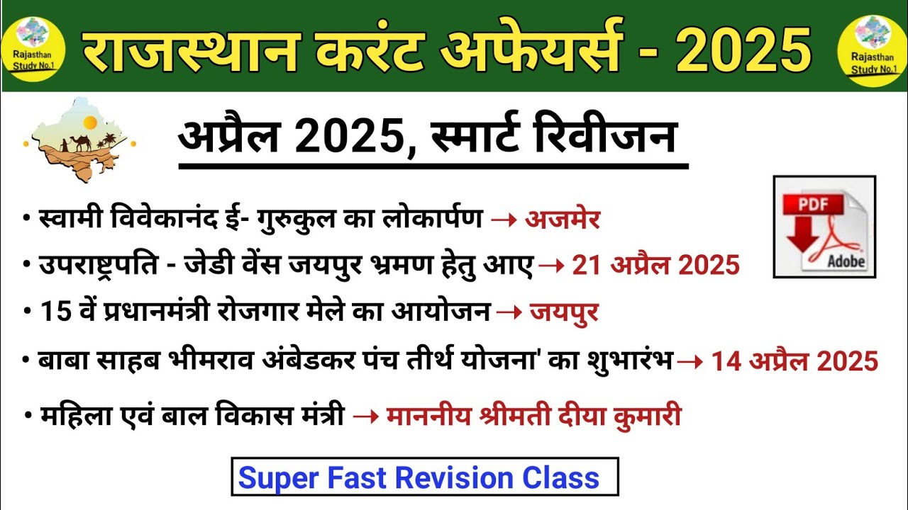 1-31 April 2025 Rajasthan Current Affairs in hindi l Monthly Current Affairs l RAS l REET l VDO l