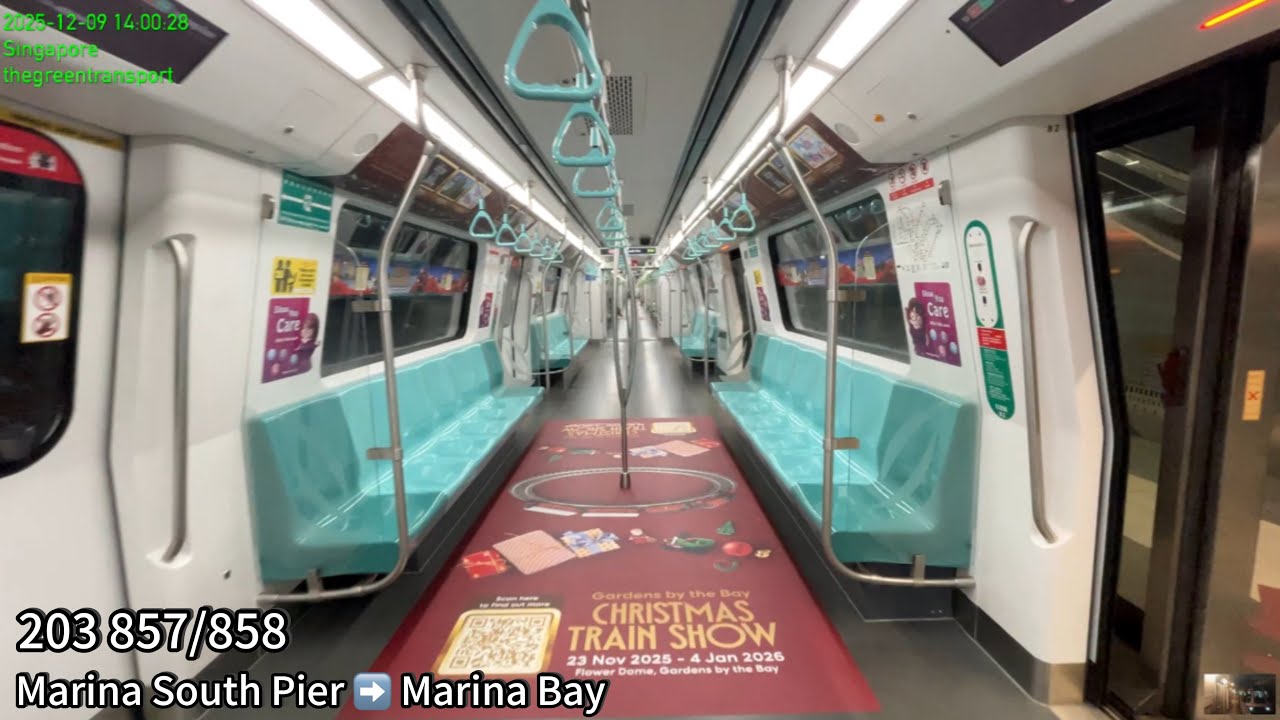 ⁴ᴷ⁶⁰ [SMRT] Christmas ad (1) ~ Alstom Movia R151 [857/858] NS28 Marina South Pier ➡️ NS27 Marina Bay
