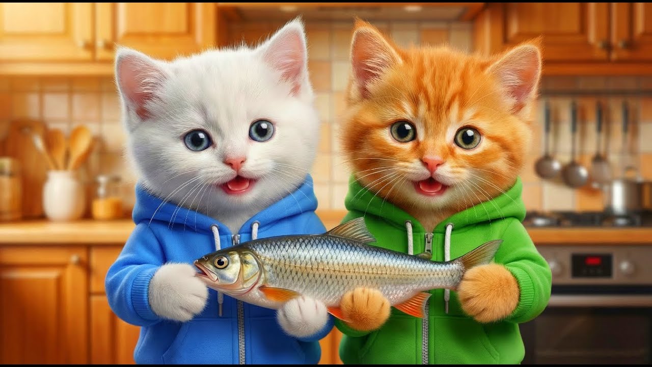 TWO CUTE KITTENS COULDN'T CATCH A REAL FISH, AND IN THE END THEY EVEN MANAGED TO SHARE!
