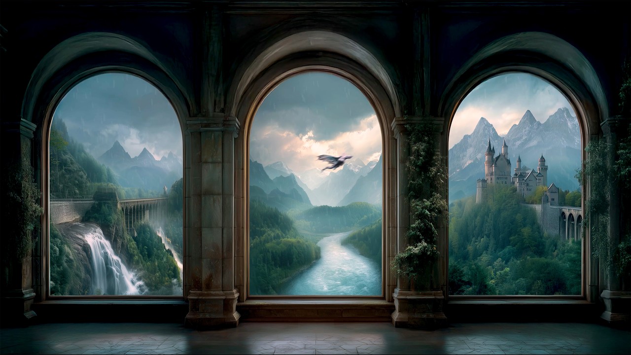 Cozy Fantasy Castle Windows View While Relaxing Rain Falls. Calming Reading Nook and Animated Dragon