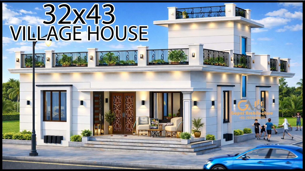 32 X 43 North Facing 3D House Plan With Elevation Design, Village House Design, Gopal Architecture