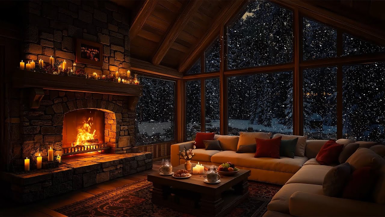 Cozy Winter Cabin Serenity ❄️ Relaxing Piano Jazz Music, Snowfall & Fireplace Sounds for Deep Sleep