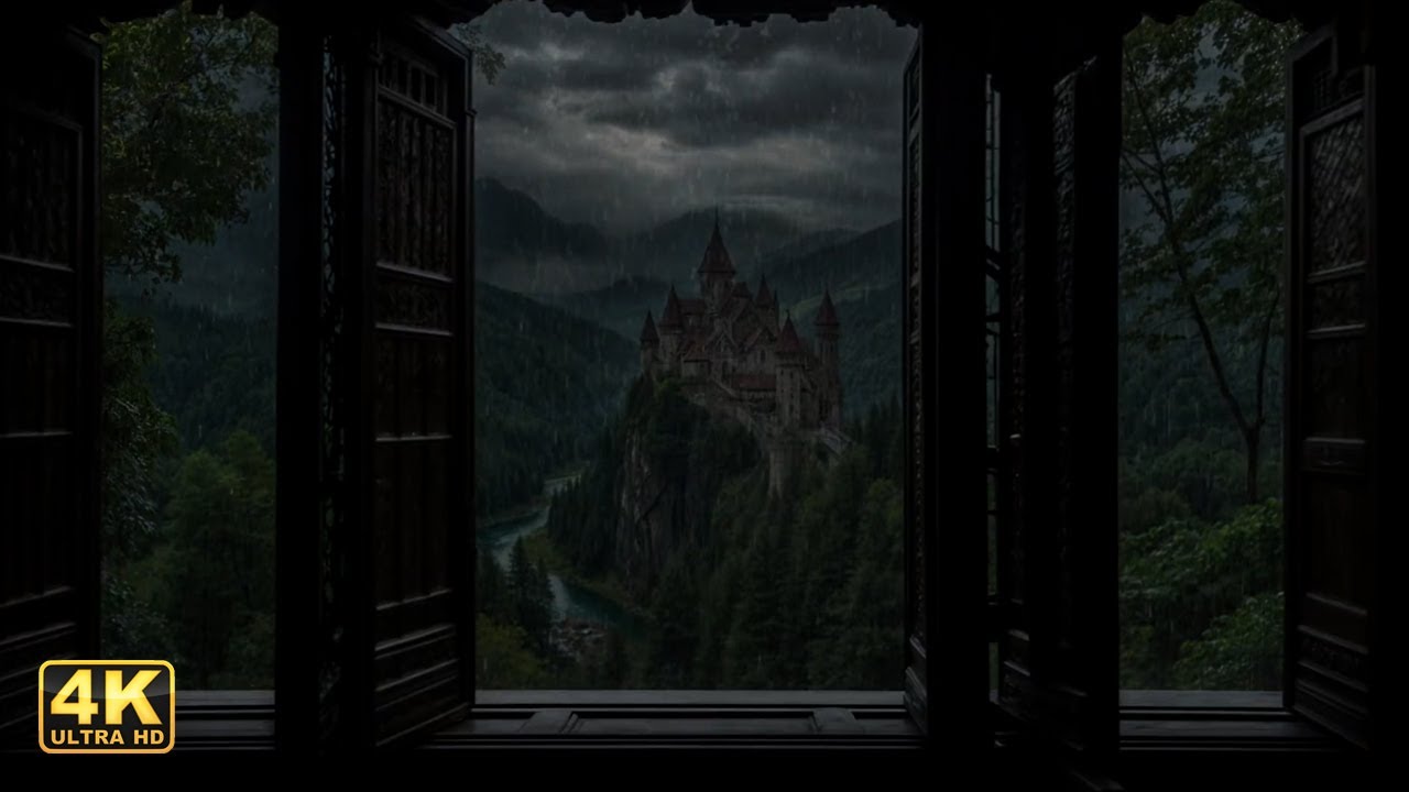 4K River Through the Rainy Forest – Faraway Castle View for Relaxation & Focus