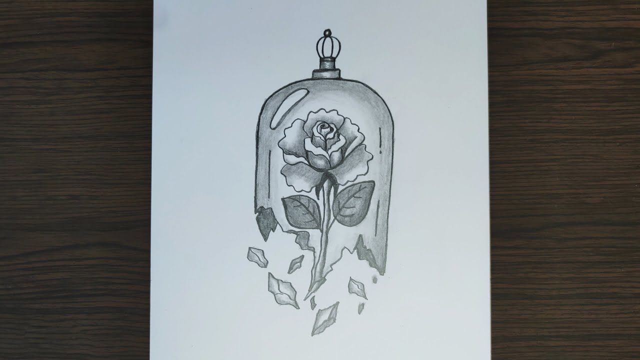 How to draw an eternal rose with a broken glass dome / Easy eternal rose drawing. Complete tutorial.
