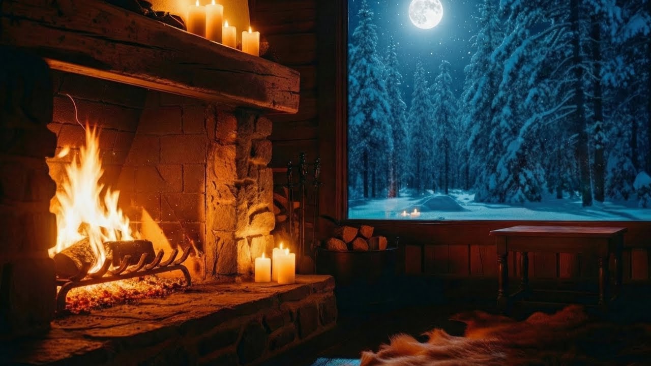 Warm Indoor Fireplace on a Snowy Night | Calm Winter Ambience (4K)