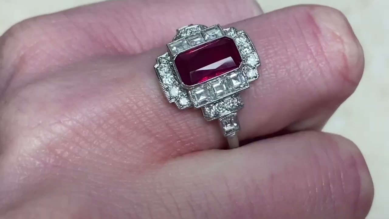 1.78ct Elongated Emerald Cut Ruby Center Stone Geometric Style Ring - Berck Ring - Hand Video