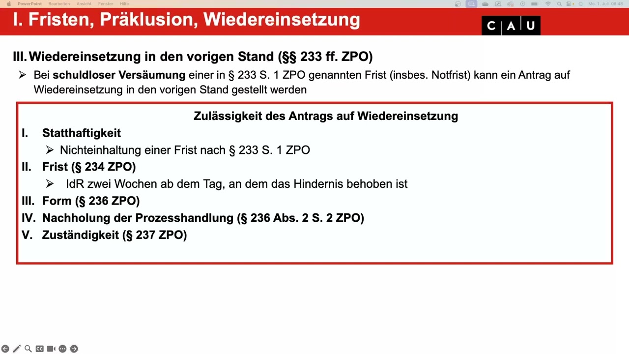 Zivilprozessrecht – Folge 11 (Wiedereinsetzung in den vorigen Stand; Versäumnisurteil)