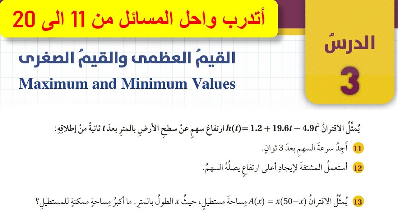 حل اتدرب واحل المسائل درس القيم العظمى والقيم الصغرى Maximum and Minimum Values