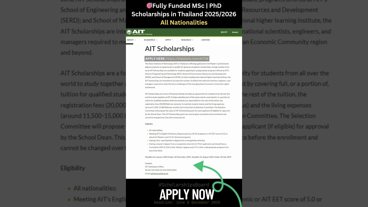 🎯 Fully Funded MSc and PhD Scholarships at AIT, Thailand 2025 and 2026