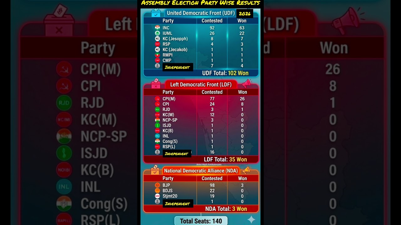Assembly Election Party Wise Results Kerala 2026 statistics