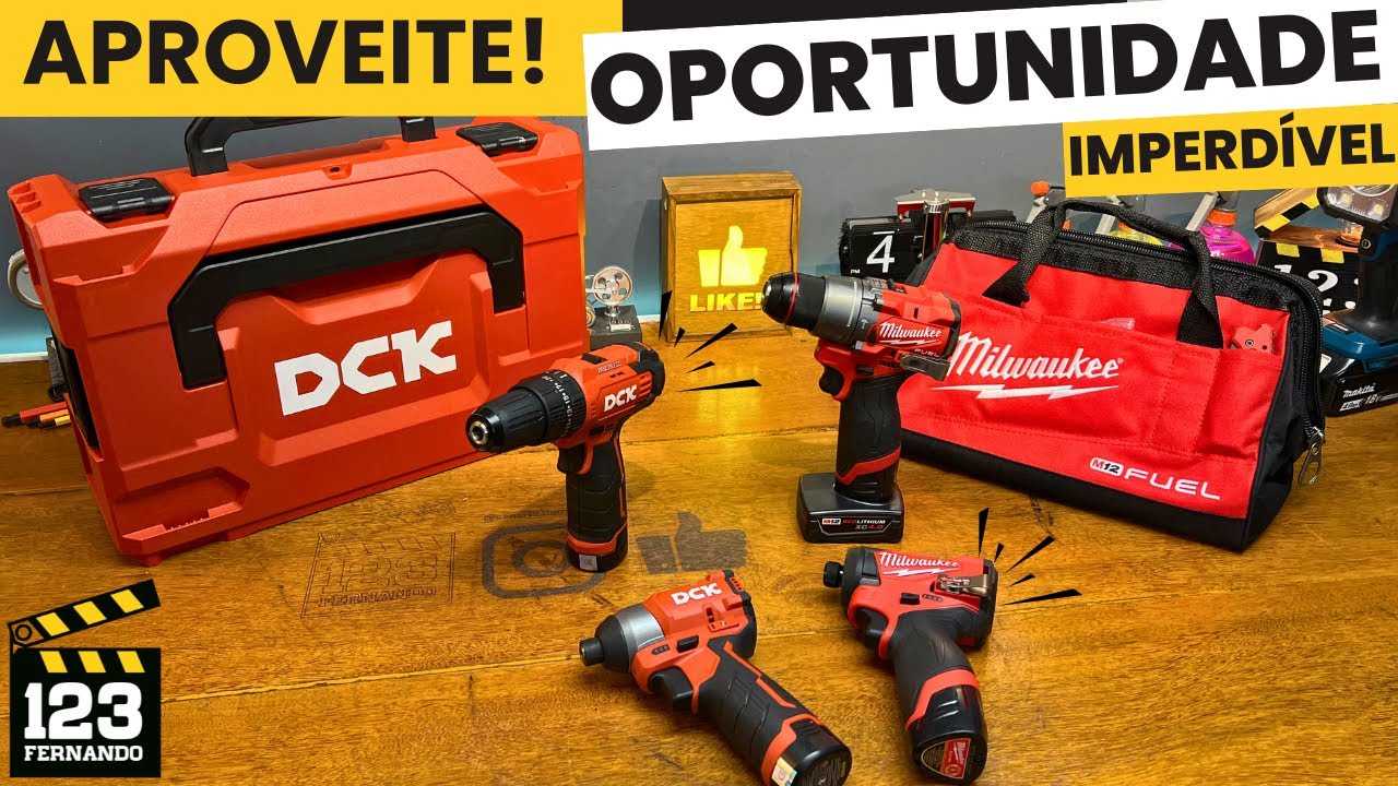 KIT 12V DCK E MILWAUKEE PARAFUSADEIRA/FURADEIRA, PARAFUSADEIRA DE IMPACTO, DUAS BATERIAS, CARREGADOR
